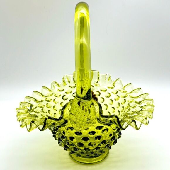 VINTAGE FENTON HOBNAIL BASKET Ruffled Edge Green Glass Bridal Basket 7” STICKER - Picture 1 of 6